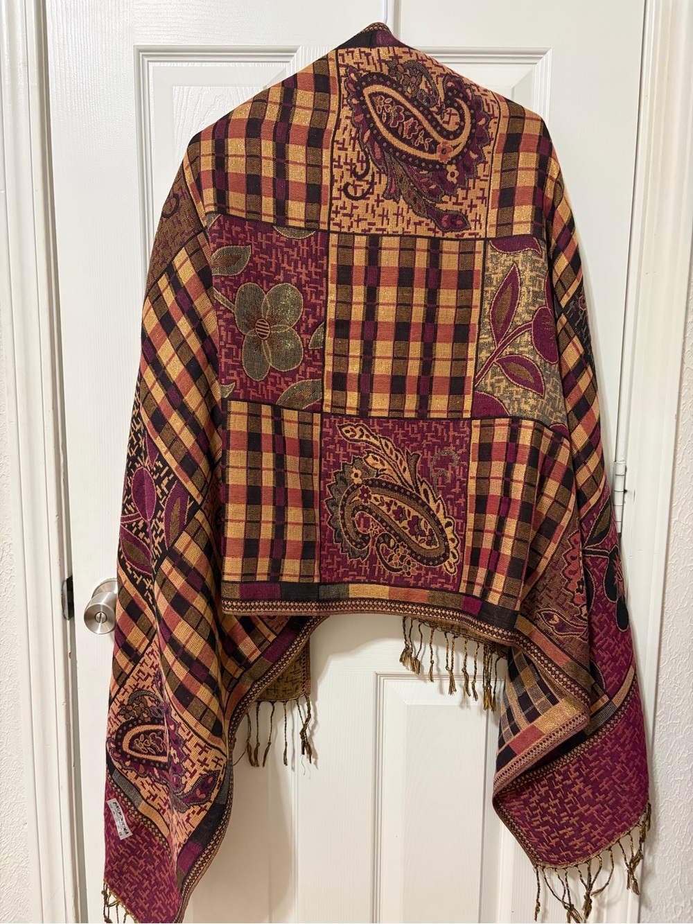 Pashmina Paisley Flowers Patchwork Throw in Burgundy Gold Scarf Luxury Old Money